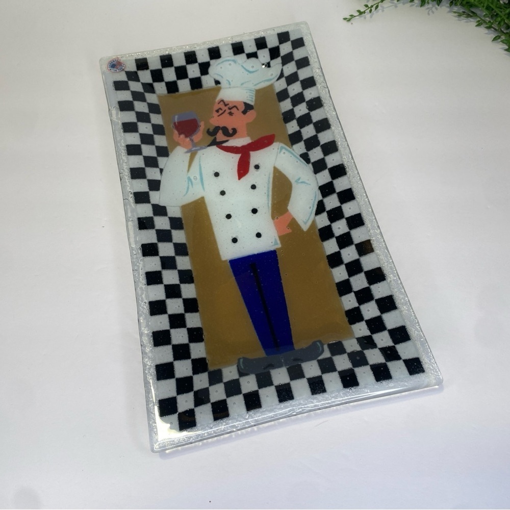 Peggy Karr Signed Fused Glass 2003 Chef Wine Glass Rectangular Platter